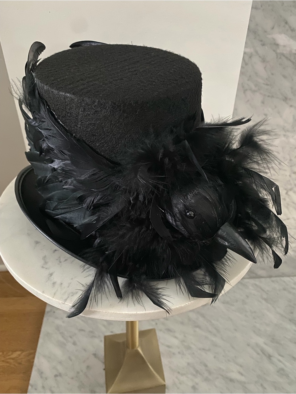 Bethany Lowe Black Feathered Top Hat with Raven Accent